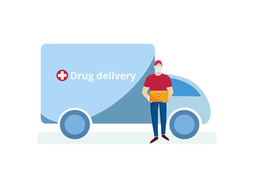 Deliveryman in medical protective mask carrying medical products and a delivery truck in the background. Healthcare delivery service concept. Vector illustration.