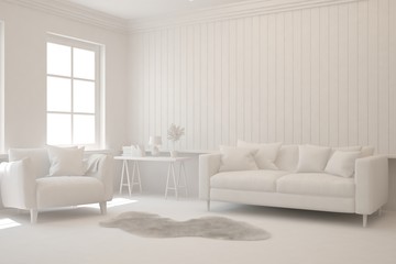 White minimalist living room with sofa. Scandinavian interior design. 3D illustration