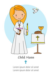 First communion card. Little girl with a candle and a bible