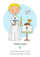 First communion card. Boy with a candle and a bible