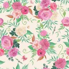 Watercolor painting seamless pattern with rose, peony flowers. 