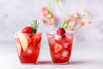 Glasses of Fresh and Cold Strawbery and Green Apple Lemonade Tasty and Healthy Summer Drink Cold Berry and Fruit Lemonade