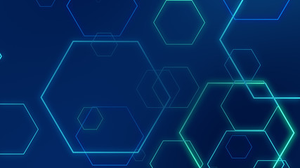 Hexagon geometric blue neon lights technology Hi-tech dark background. Abstract graphic digital future science concept design.