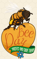 Heart, Flying Bee, Ribbon and Flower to Celebrate its Day, Vector Illustration