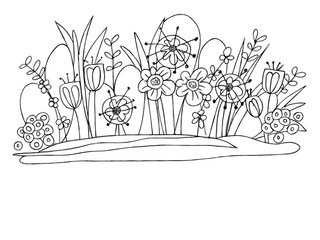 Black and white illustrated bunch of phantasy flowers isolated on white background with copy space.