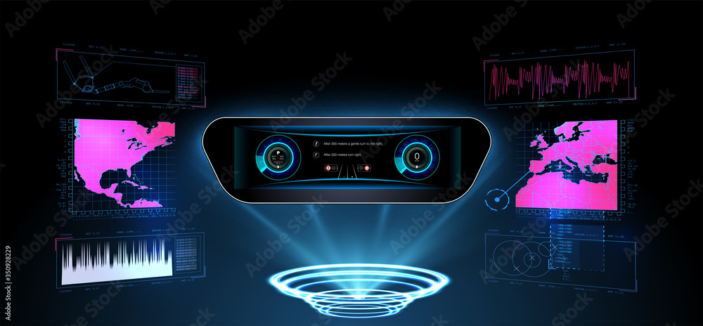 Poster cyberpunk sky-fi helmet or cockpit dashboard with speedometer, infographics and indicators. vector h