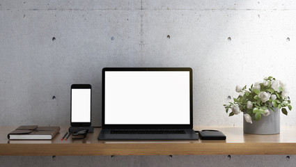 Work from home space and workplace for bussiness and notebook computer and mobile phone and concrete wall background