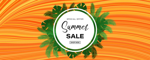 Summer sale banner with palm leaves and tropical leaves on colorful mediterranean lines design. Exotic design for banner, party flyer, invitation, poster, website or greeting card. Vector background.