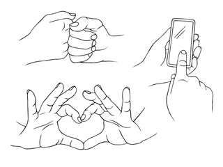 Set of illustrated male hand gestures for fist punch, heart sign and touchscreen tap isolated on white background. 