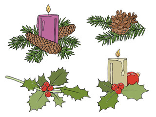 Burning candles on green christmas fir branches with brown fir cones and green holly twigs with red berries isolated on white background. 