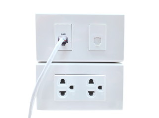Sockets and LAN connectors on white background