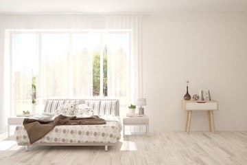 White bedroom interior. Scandinavian design. 3D illustration