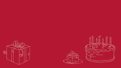 drawing of a gift and a birthday cake on a colorful background
