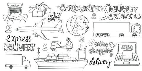 Set of delivery services, shipping goods by different transport - airplane, ship, lorry, wagon. Doodle vector illustration. Line art for web banners, any design, printed materials. Lettering.