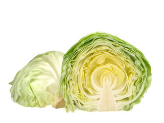 Two halves of fresh young cabbage isolated on white background