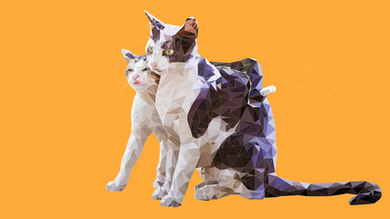 Low poly illustration of a cat and its kitten embracing her with its tail.