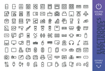 Household appliances and electronics isolated icons set. Set of refrigerator, washing machine, cooker, gas stove, kettle, slow cooker, vacuum cleaner, kitchen processor, fitness bracelet vector icon