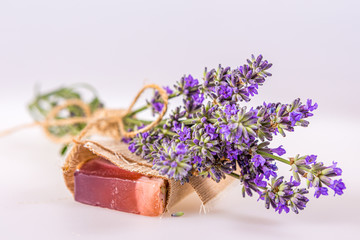 Composition of a small bouquet of lavender and lavender soap