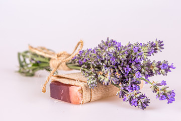 Composition of a small bouquet of lavender and lavender soap