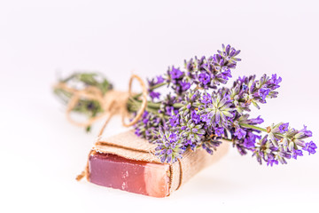 Composition of a small bouquet of lavender and lavender soap