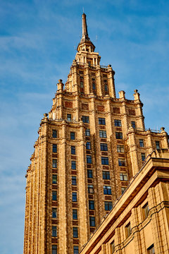Riga, Latvia- February 07, 2020: High-rise building.� Latvian Academy of Sciences against the sky.