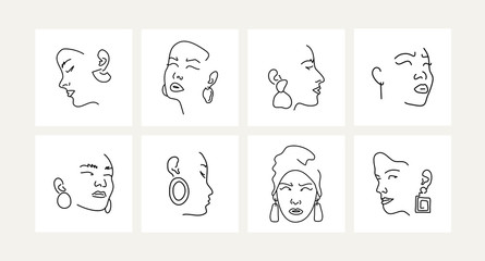 Set of female portraits with earrings. Line drawing.