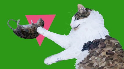 Low poly illustration of a cat and its freshly caught prey, a small rat.