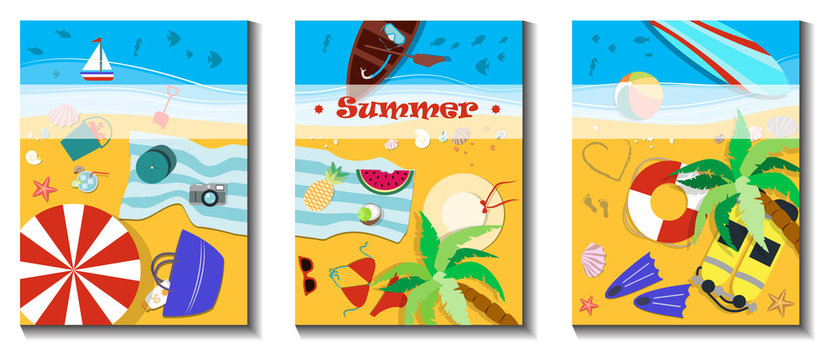a set of three beach holiday illustrations. Flat vector, top view of the beach with the sea, umbrellas, sun beds, surfing and other summer accessories for sea adventures. Summer posters, for