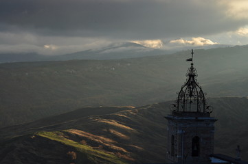 bell tower, hills
