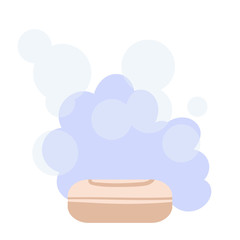 A bar of soap, soap suds and flying bubbles. Vector illustration.