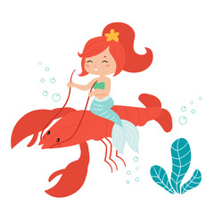 Cute kawaii mermaid rides on the lobster. Vector illustration for children books and greeting cards.