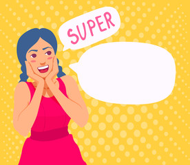 A young adult woman put her hands to her cheeks, looks surprised, amazed. Looks sideways at the blank speech bubble with copy space for text and the word super. The teenage girl excited.