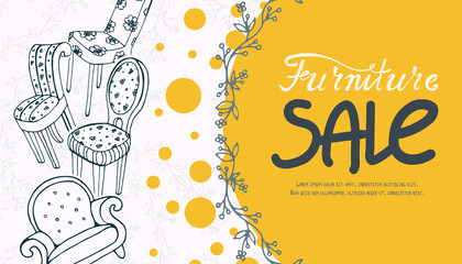 Furniture sale advertisement poster, flyer, banner design. Doodle interior stuff advertising. A vector illustration.
