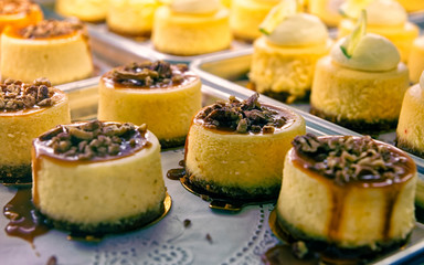Cheesecake with nuts  on the cafe storefront reflex