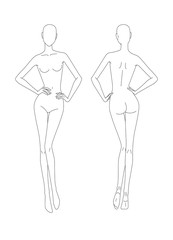 Sketch of the female body. Girl model Front and back view. Pose hands on the belt. Female body template for drawing clothes. You can print and draw directly on sketches. Fashion Illustration.