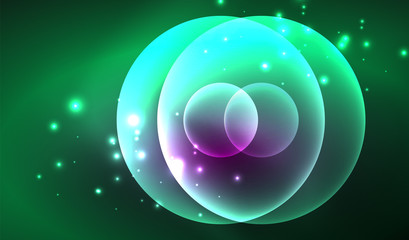 Glowing neon shiny transparent abstract geometric shapes with light effects. Techno futuristic vector abstract background For Wallpaper, Banner, Background, Card, Book Illustration, landing page