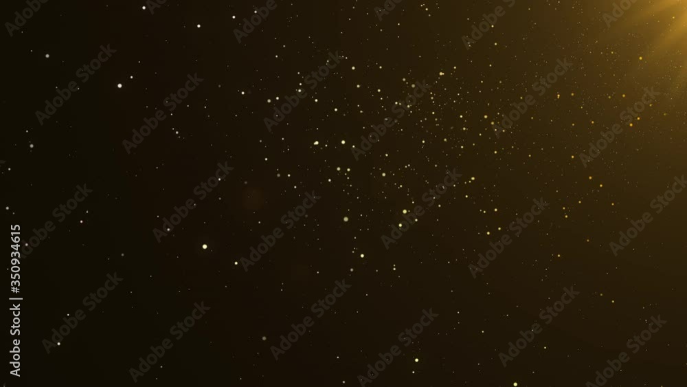 Wall mural beautiful gold shimmering particles with lens flare on black background in slow motion. 3d animation