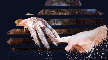 Low poly illustration of a caged orangutang holding hands with a human.