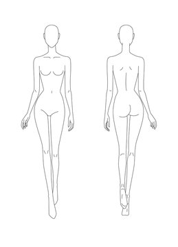 Sketch of the female body. Front and back view. Put your hands in the length of the body, legs in motion. Female body template for drawing clothes. You can print and draw directly on sketches.