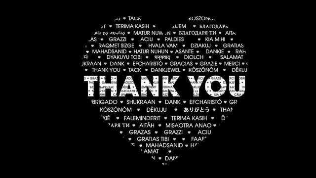  &ldquo;Thank you&rdquo; Multi language tag word forming a heart icon silhouette playing seamlessly loop in 4K resolution with alpha channel
