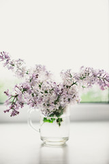 beautiful lilac flowers on the window in a vase, background - 350935271