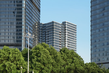 Downtown buildings with blue sky background.