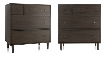 Big wooden chest drawer, brown cabinet, isolated. Dark wood chest drawer isolated on white background.
