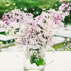 beautiful lilac flowers on the window in a vase, background - 350935676