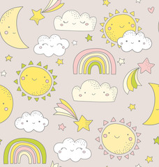 Cute sky pattern. Seamless vector design with smiling moon, sun, rainbow, stars and clouds. Baby illustration. Doodle kids weather pattern.