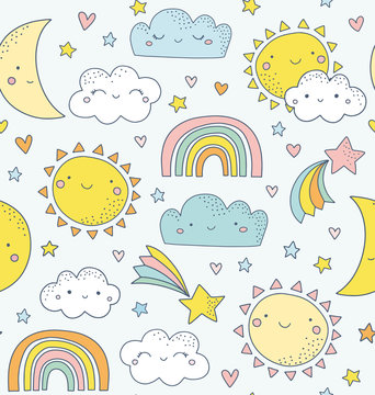 Cute sky pattern. Seamless vector design with smiling moon, sun, rainbow, stars, clouds and hearts. Baby illustration. Doodle kids weather pattern.