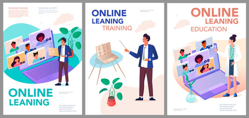 Set of vector posters - online training, video conferences, work from home, individual leaning. Print a vertical template with space for your text.