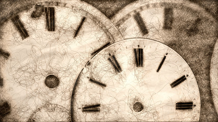 Fototapeta na wymiar Sketch of Watch Repair Shop: Effects of Time on Collection of Old Discarded Watch Dials