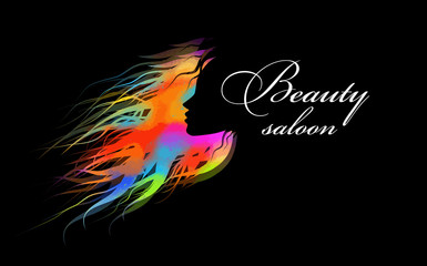 Beautiful multicolored girl's profile silhouette with her hair - vector illustration. Mixed media.