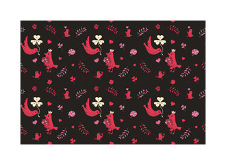 Seamless romantic pattern with hand-drawn hearts, birds, diamonds, leaf, flowers. Cute romantic doodle. Ready template for design, postcards, print, poster, party, Valentine's day, vintage textile.